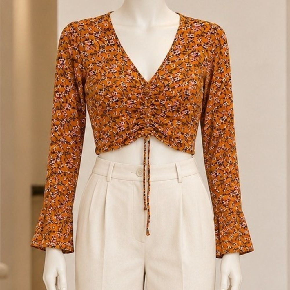 Wild Fable Womens Crop Top Orange Floral Cinched Front Long Sleeve Medium